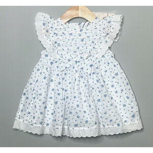 NWT Beatrice & George Blue/White Floral Bow Dress w/Lace Trim Girls 9 Mo